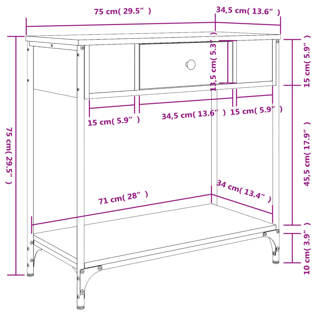 konsolbord 75x34,5x75 cm konstrueret træ røget egetræsfarve