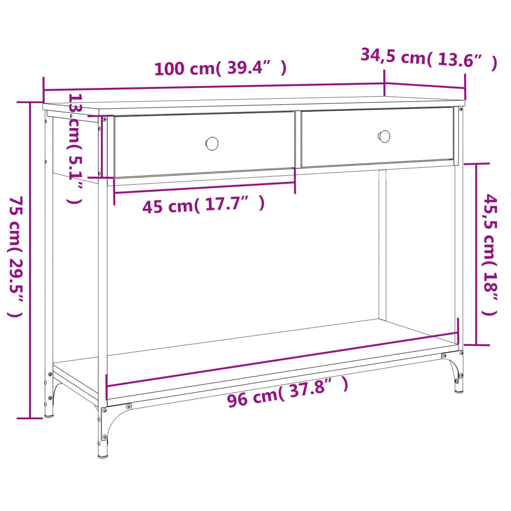 konsolbord 100x34,5x75 cm konstrueret træ røget egetræsfarve