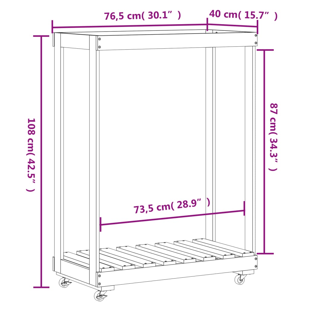 brændestativ med hjul 76,5x40x108 cm massivt fyrretræ hvid