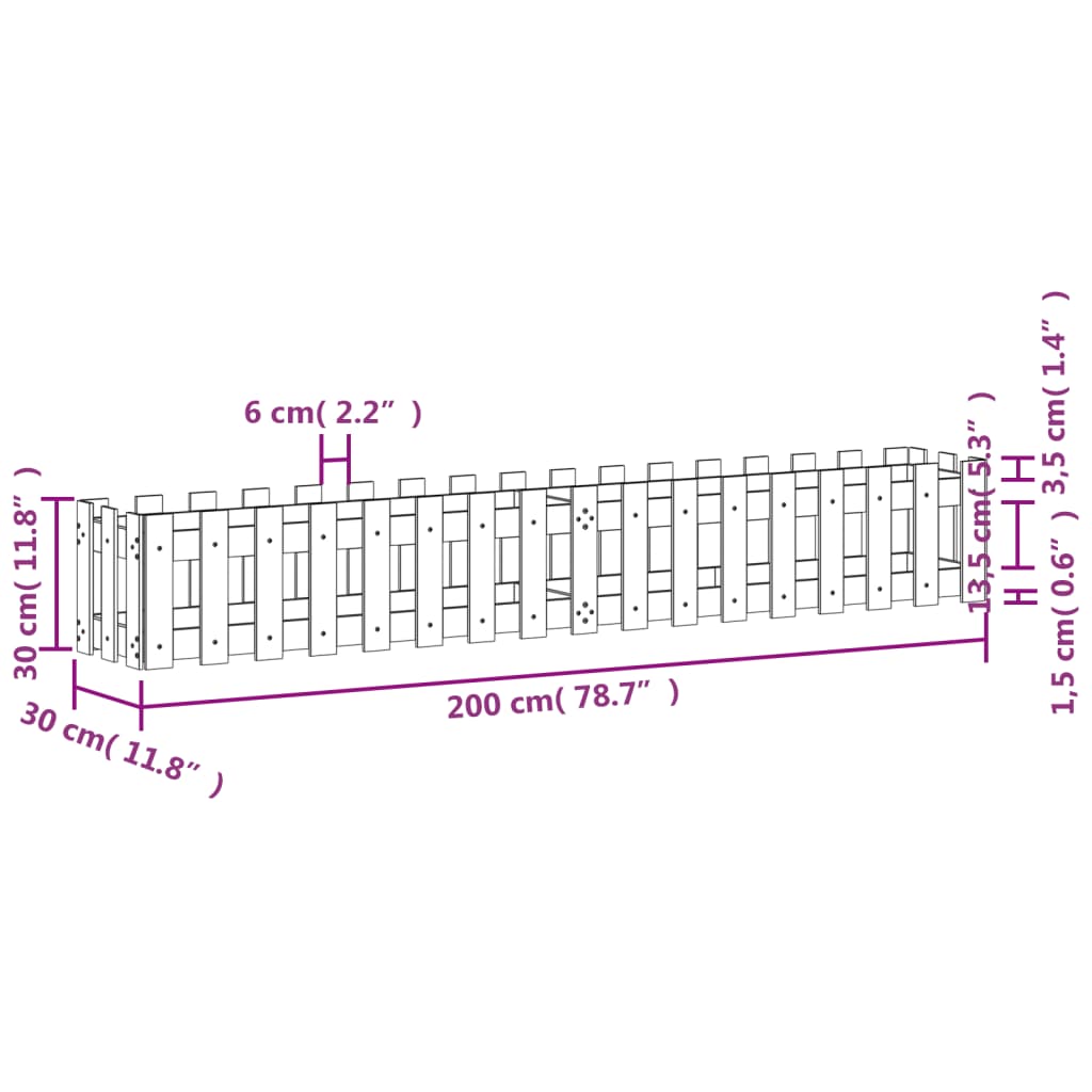 højbed med stakitdesign 200x30x30 cm massivt fyrretræ hvid