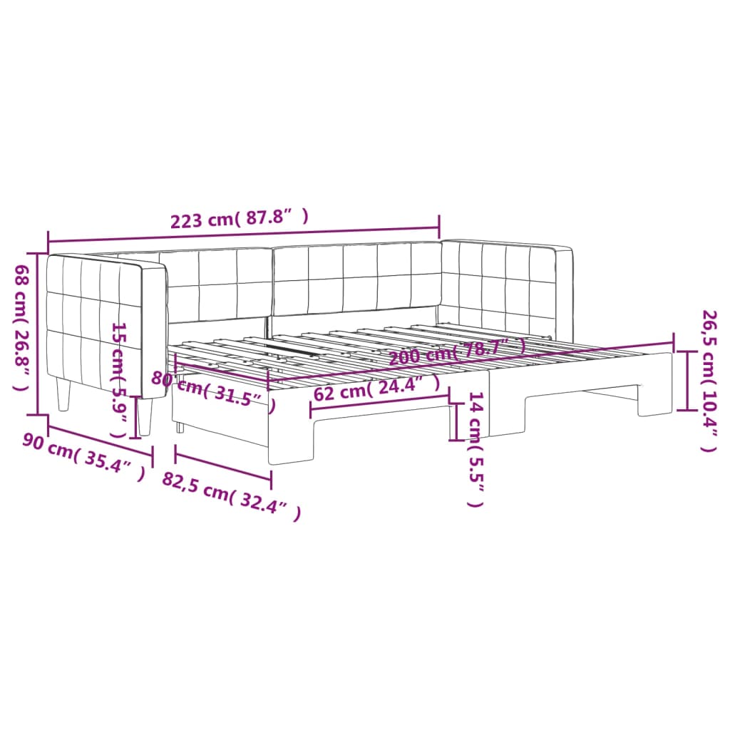 daybed med udtræk 80x200 cm velour lysegrå