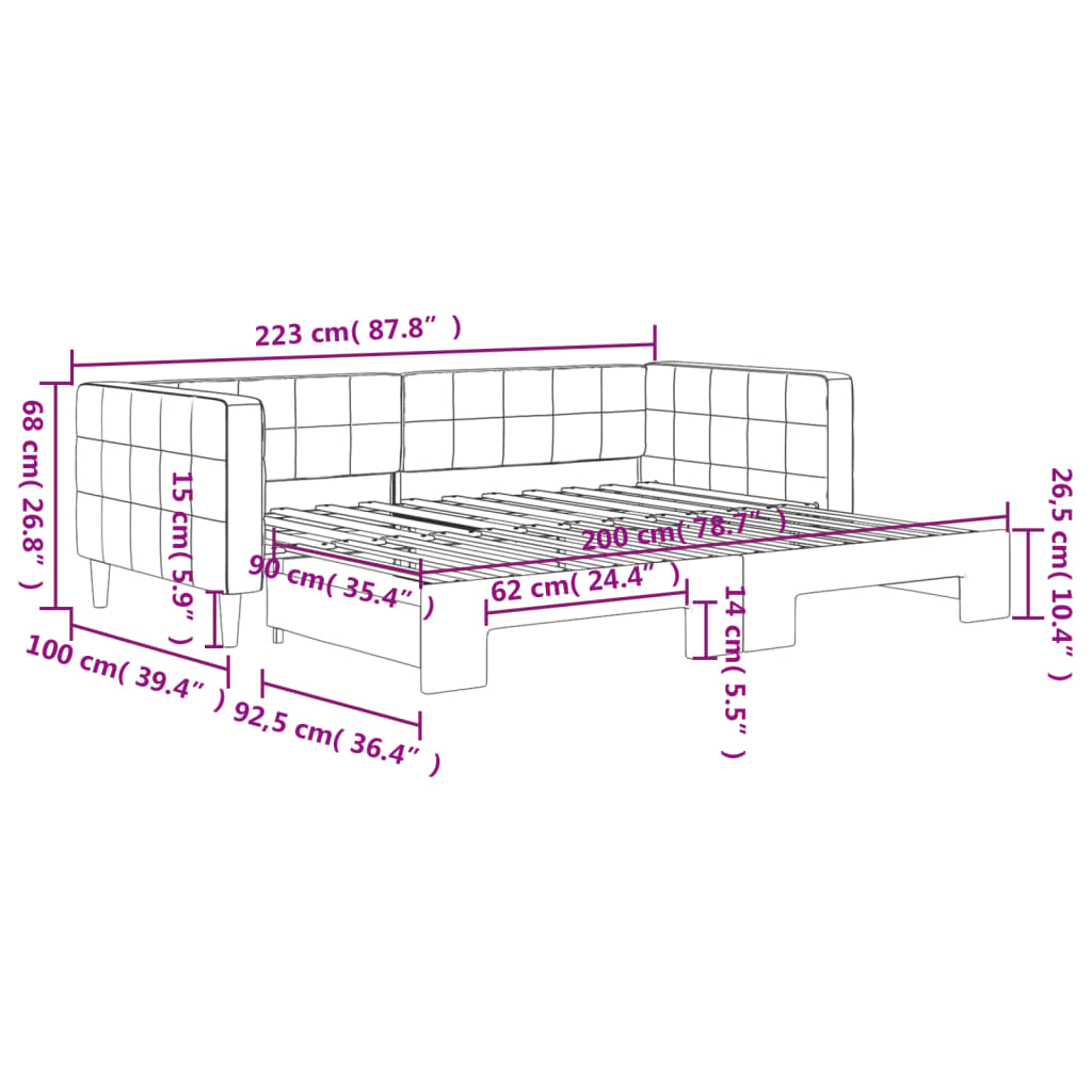 daybed med udtræk 90x200 cm velour lysegrå