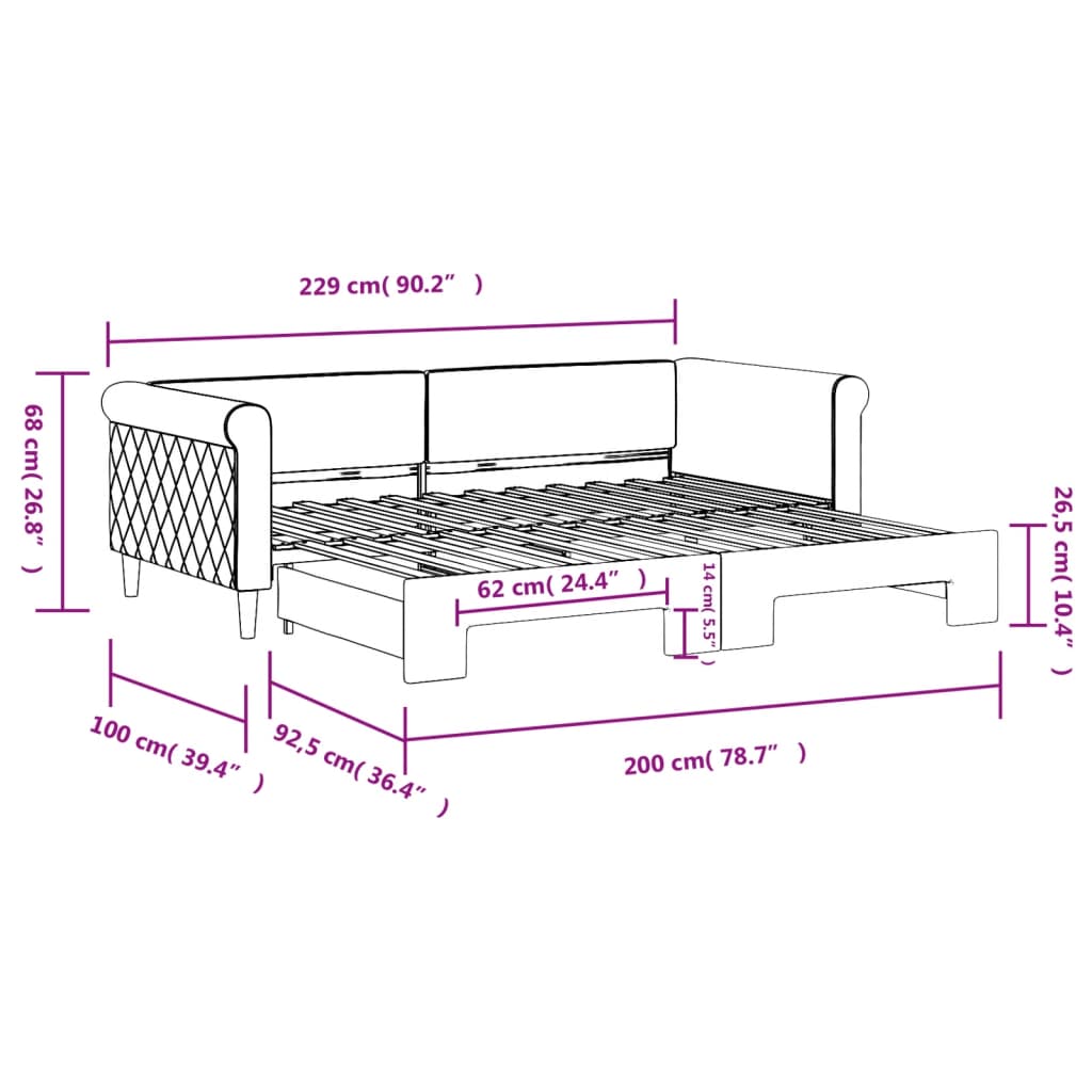daybed med udtræk 90x200 cm velour lysegrå