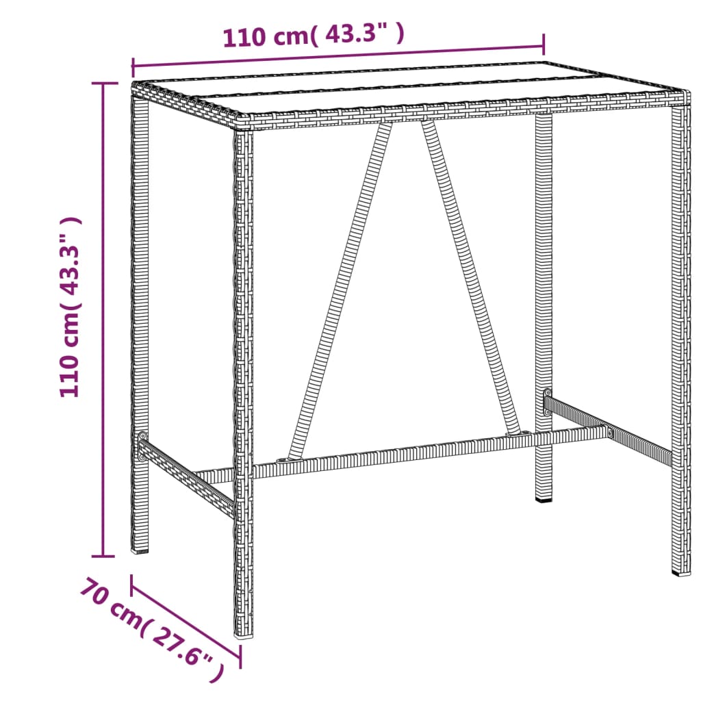 barbord med glasplade 110x70x110 cm polyrattan sort