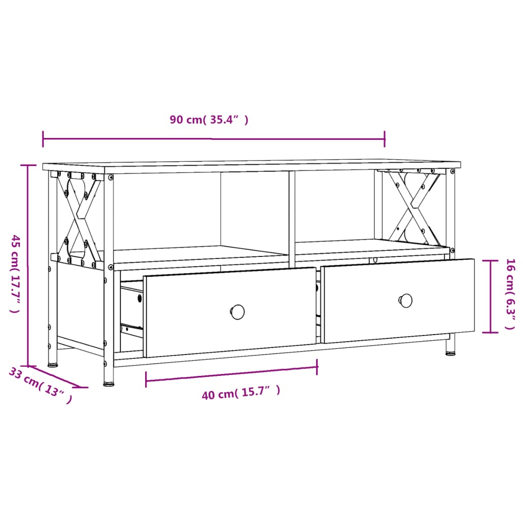 tv-bord 90x33x45 cm konstrueret træ og jern grå sonoma-eg