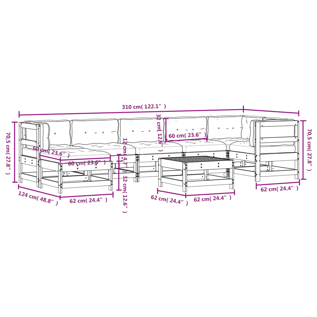 loungesæt til haven 8 dele med hynder massivt træ hvid