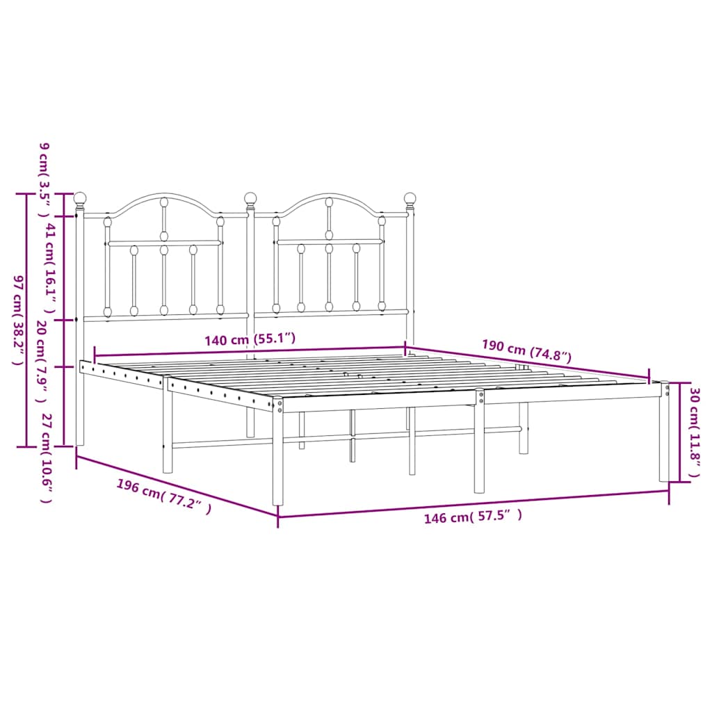 sengeramme med sengegavl 140x190 cm metal hvid