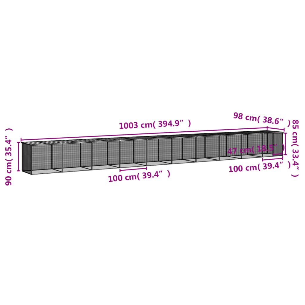 hønsebur med tag 1003x98x90 cm galvaniseret stål antracitgrå