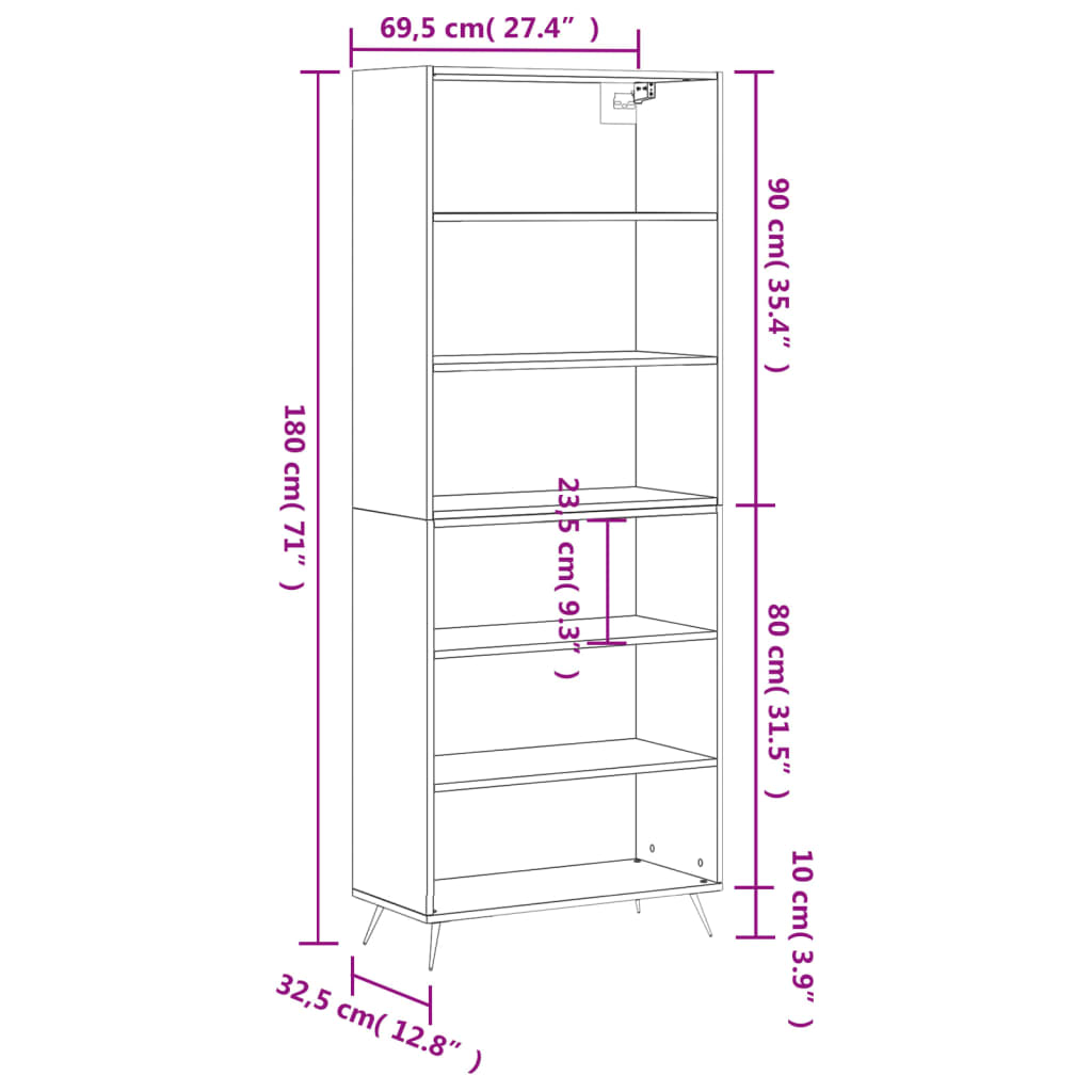 reol 69,5x32,5x180 cm konstrueret træ hvid
