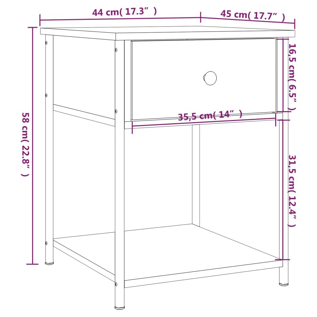 sengebord 44x45x58 cm konstrueret træ røget egetræsfarve