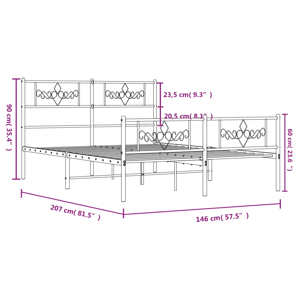 sengeramme med sengegavl og fodgærde 140x200 cm metal sort