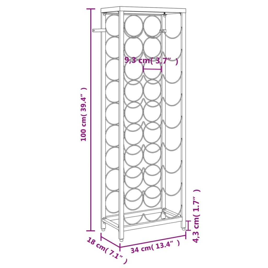 vinreol til 27 flasker 34x18x100 cm smedejern sort