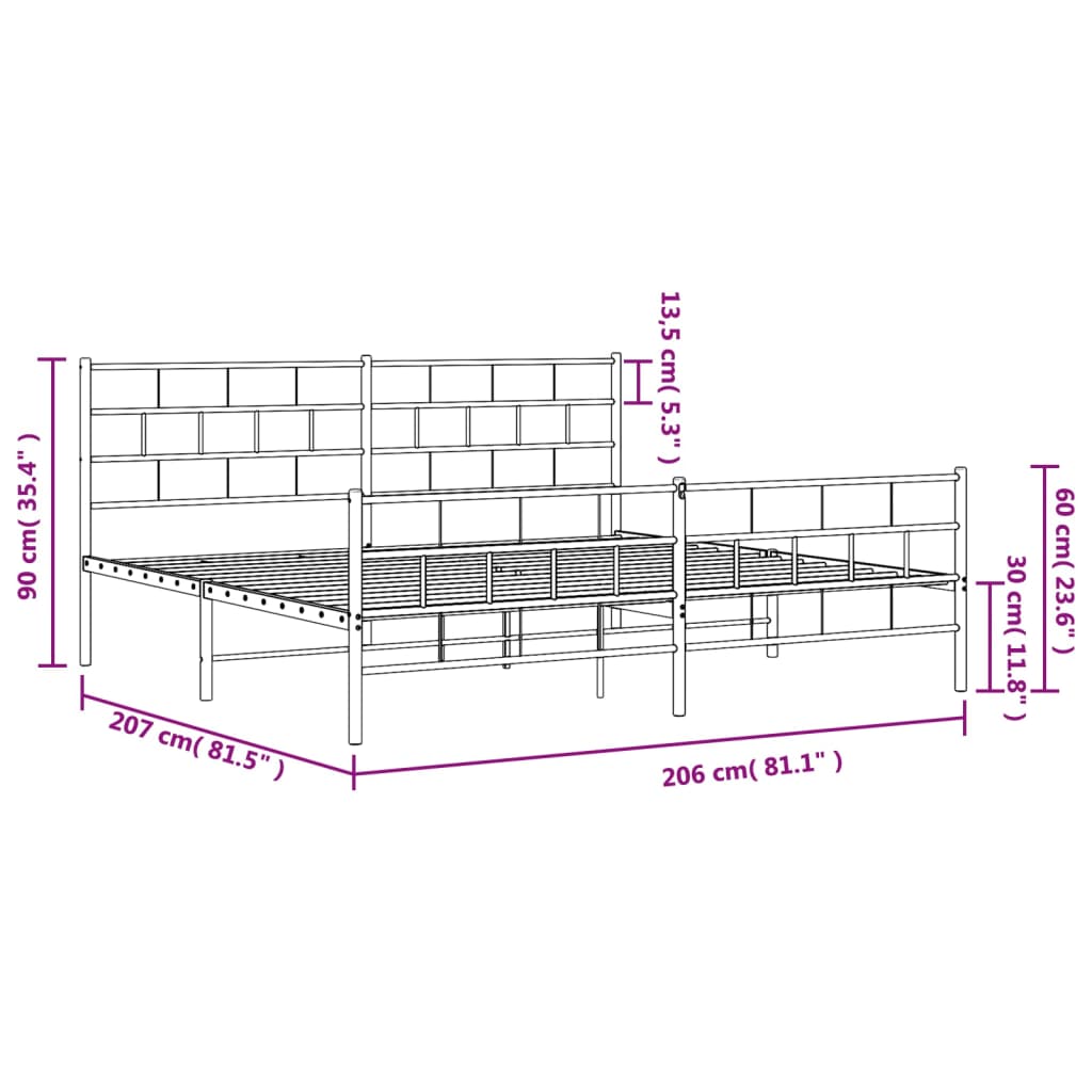 sengeramme med sengegavl og fodgærde 200x200 cm metal hvid