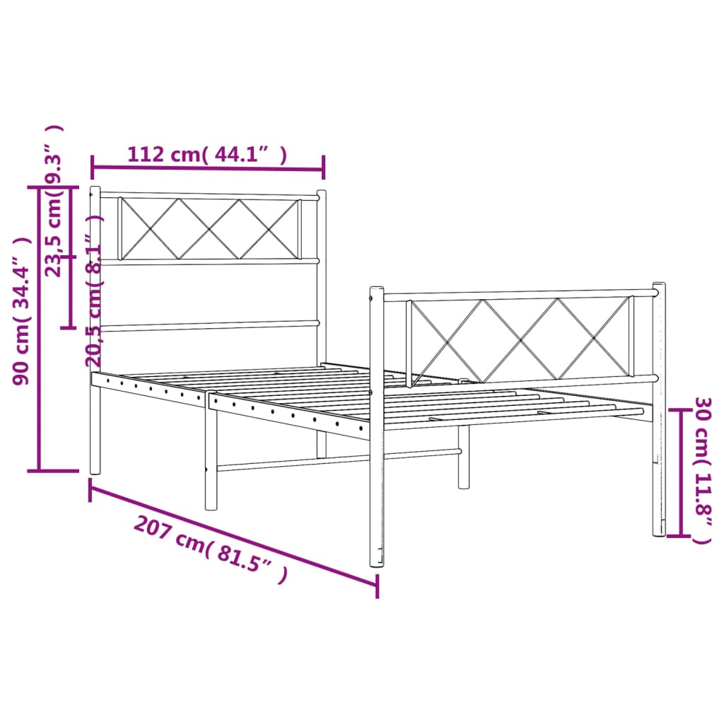 sengeramme med sengegavl og fodgærde 107x203 cm metal sort