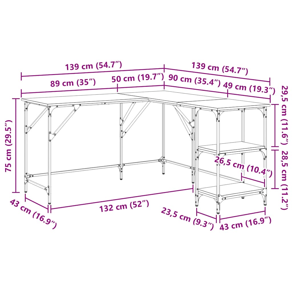 skrivebord 139x139x75 cm konstrueret træ grå sonoma-eg