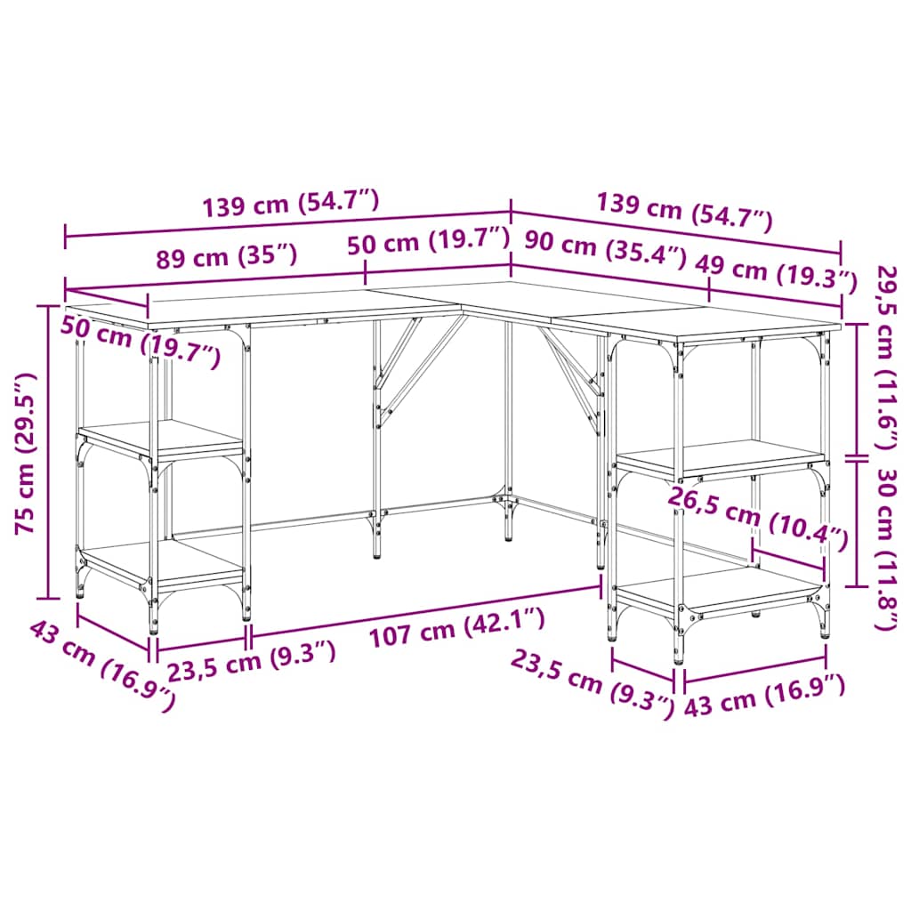 skrivebord 139x139x75 cm konstrueret træ brun egetræsfarve