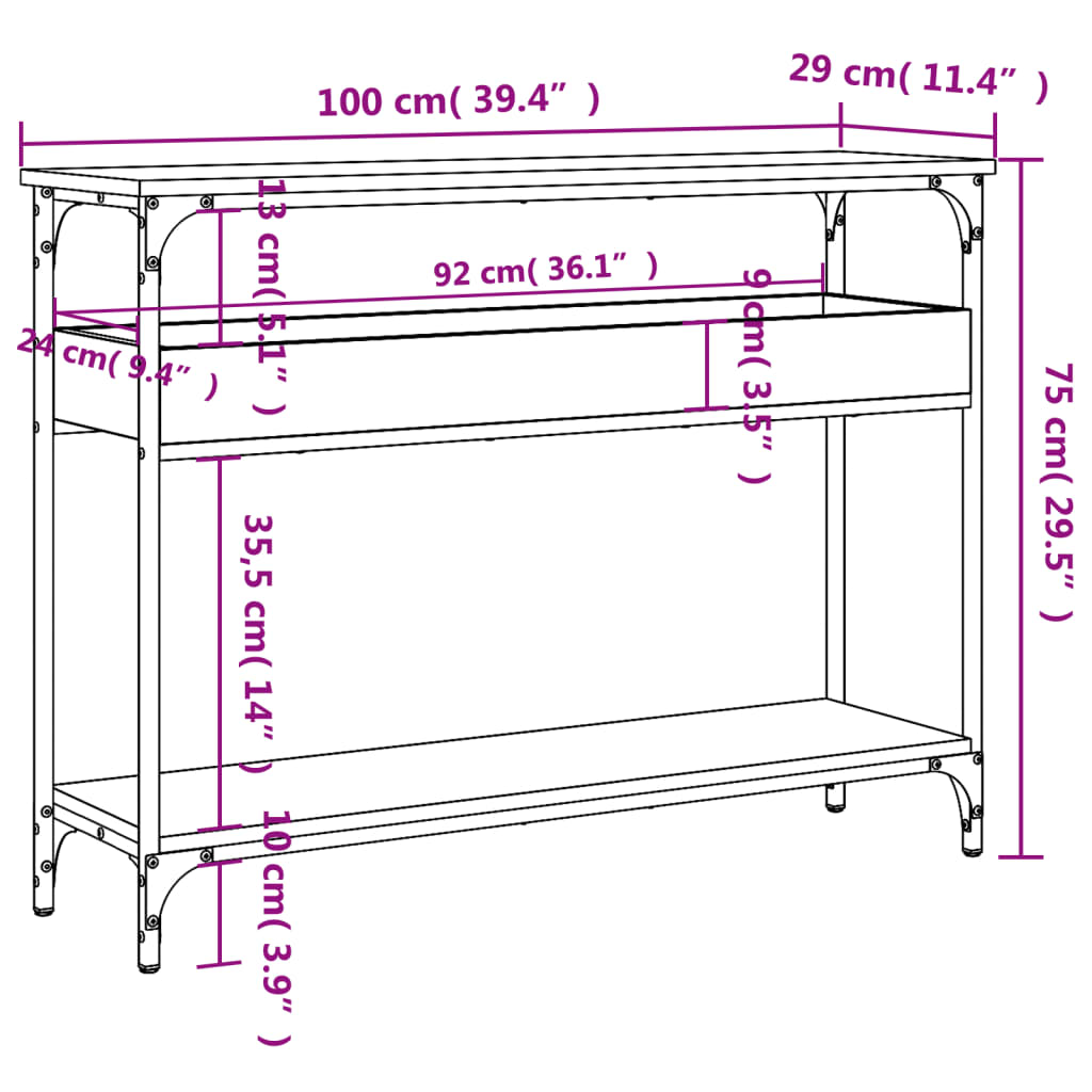 konsolbord med hylde 100x29x75 cm konstrueret træ røget eg