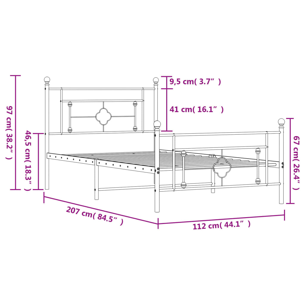 sengeramme med sengegavl og fodgærde 107x203 cm metal sort