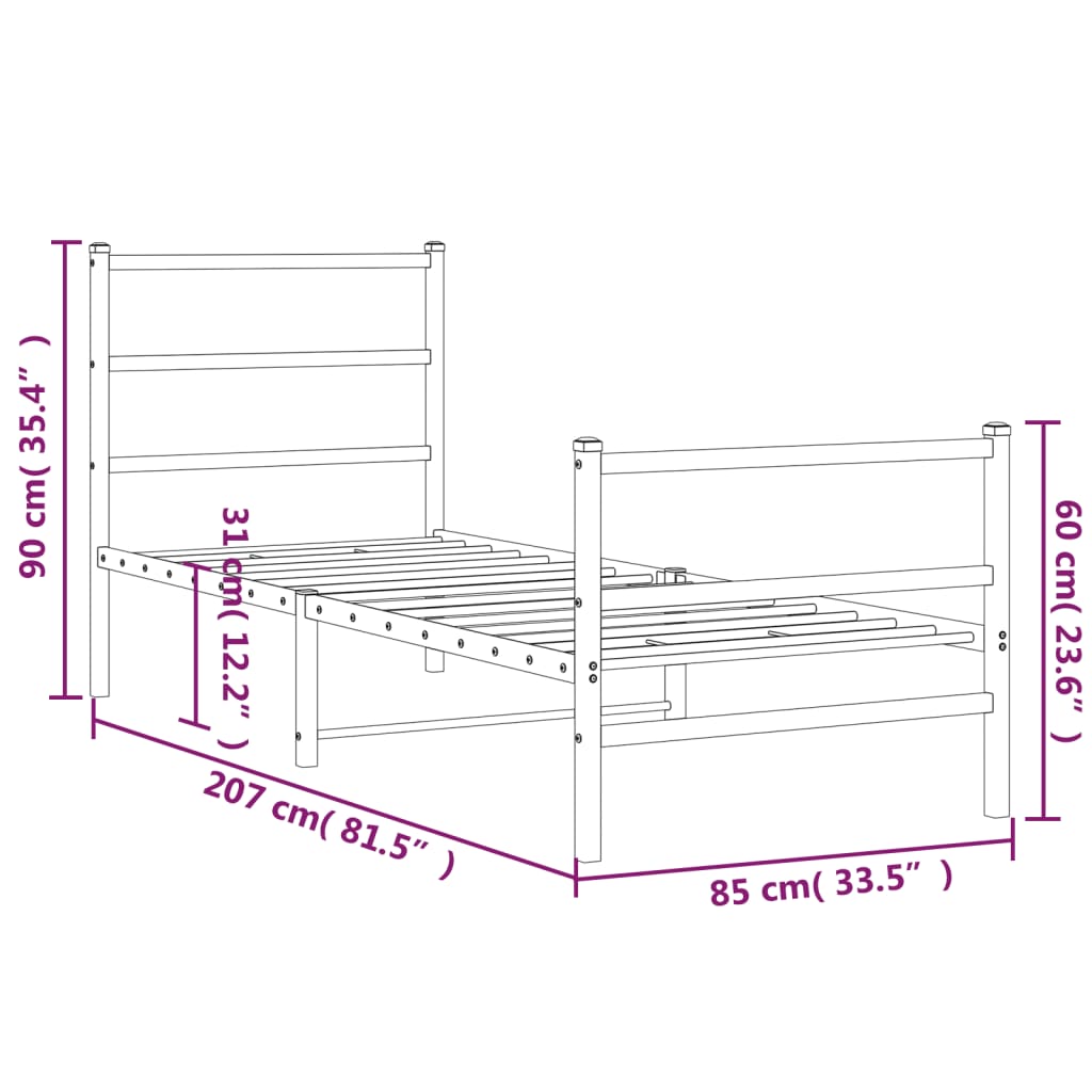 sengeramme med sengegavl og fodgærde 80x200 cm metal sort