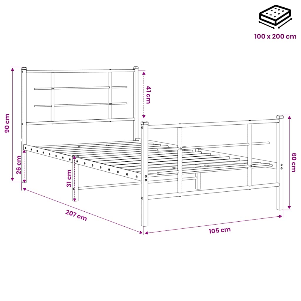sengeramme med sengegavl og fodgærde 100x200 cm metal sort