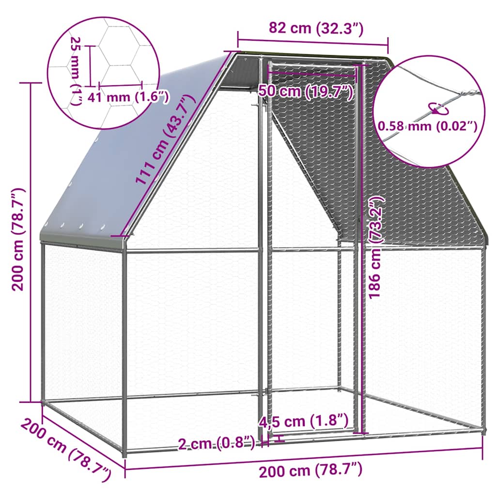 hønsebur 2x2x2 m galvaniseret stål sølvfarvet og grå