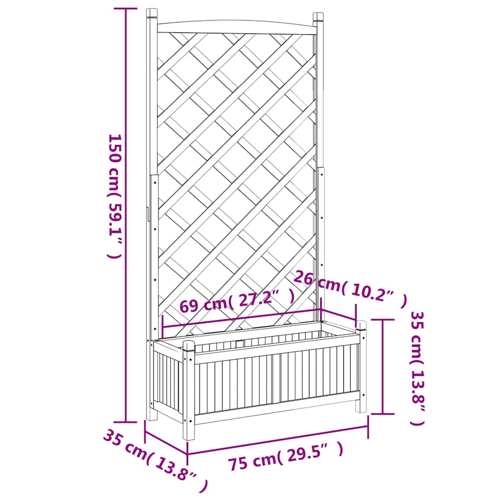plantekasse med espalier brun 75 x 35 x 150 cm massivt grantræ