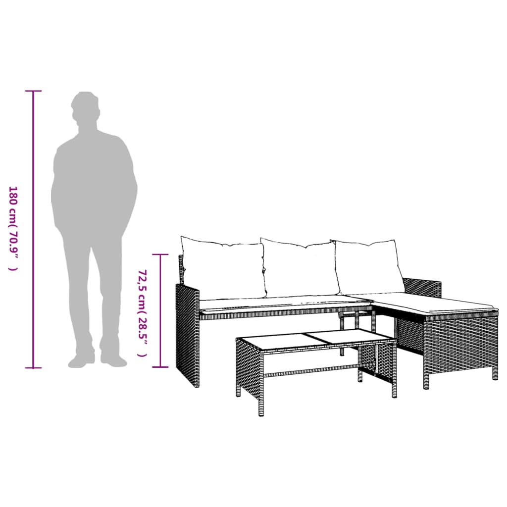 havesofa med bord og hynder L-formet polyrattan grå
