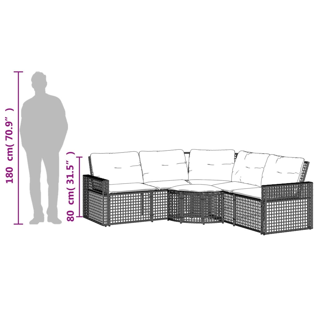 havesofa med hynder og fodskammel L-formet polyrattan brun