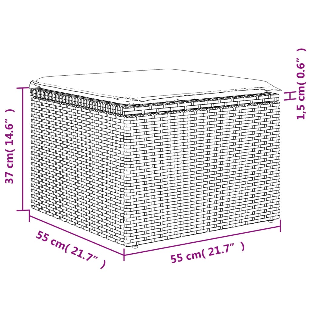 haveskammel med hynde 55x55x37 cm polyrattan lysegrå