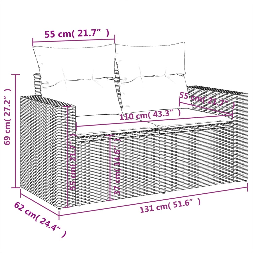 havesofa med hynder 2-personers brun polyrattan
