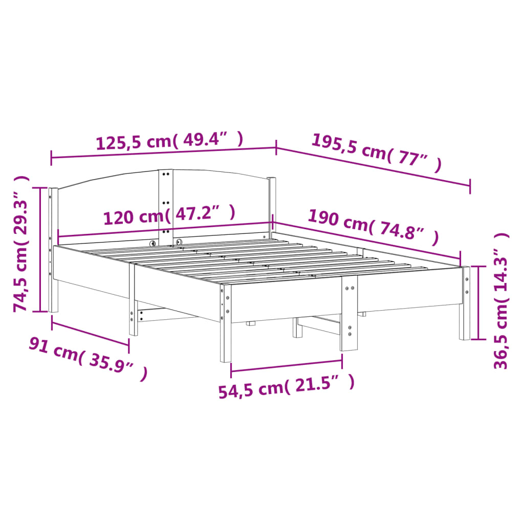sengeramme uden madras 120x190 cm massivt fyrretræ hvid