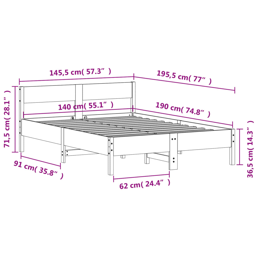 sengeramme uden madras 140x190 cm massivt fyrretræ gyldenbrun