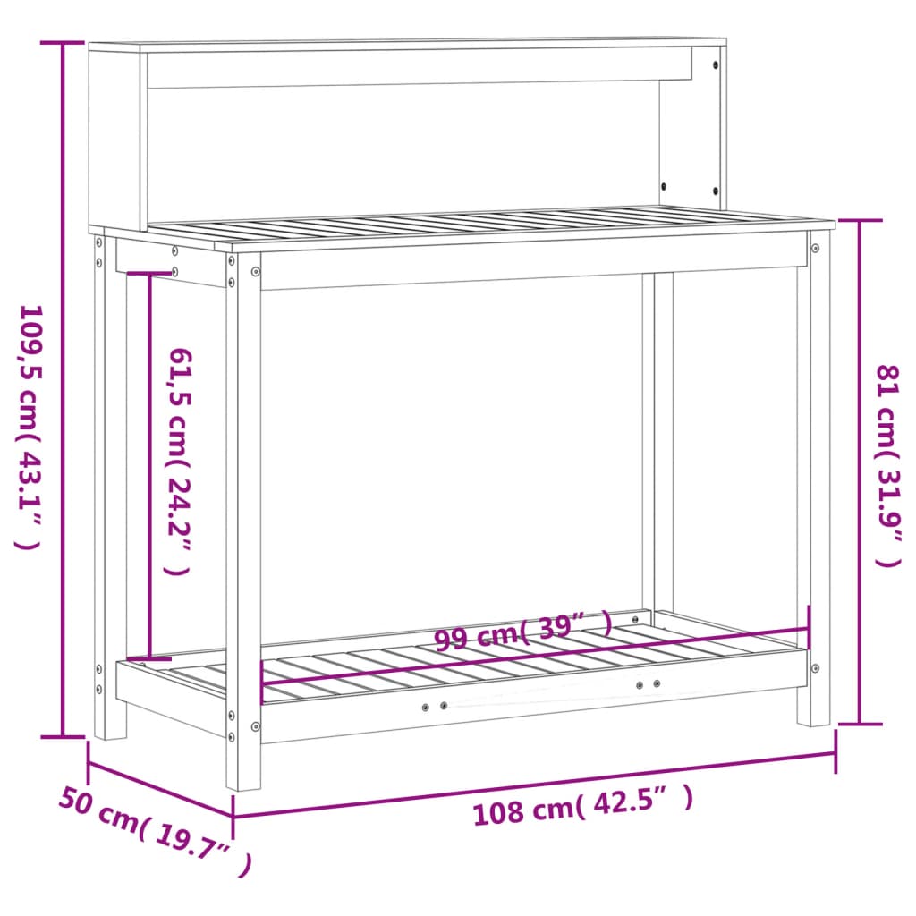 plantebord med hylder 108x50x109,5 cm massivt douglasgran