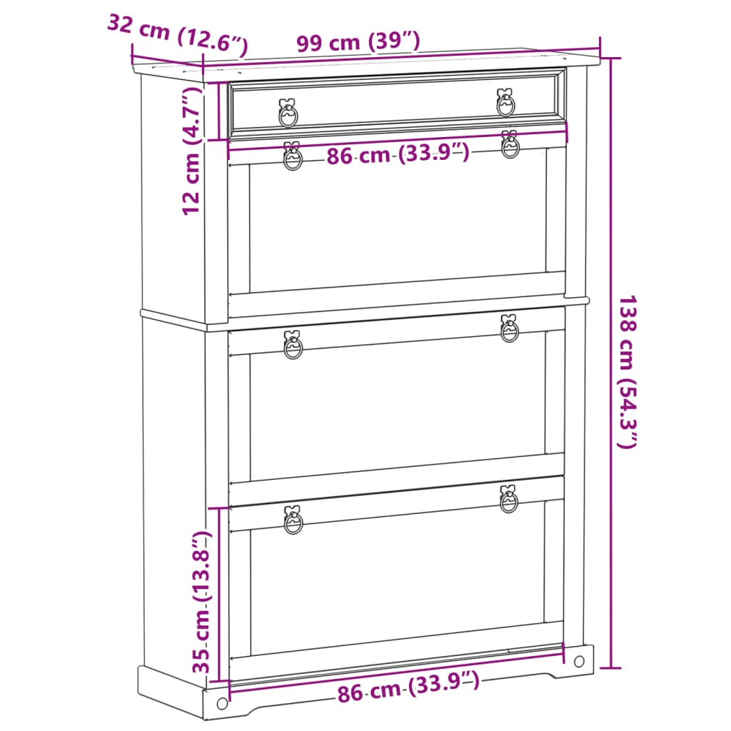 skoskab Corona 99x32x138 cm massivt fyrretræ