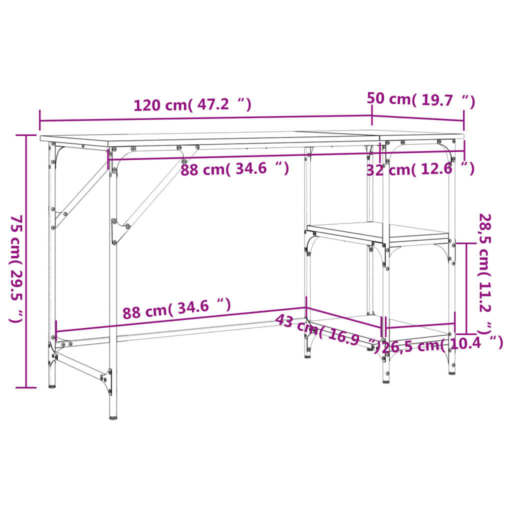 skrivebord 120x50x75 cm metal og konstrueret træ røget eg