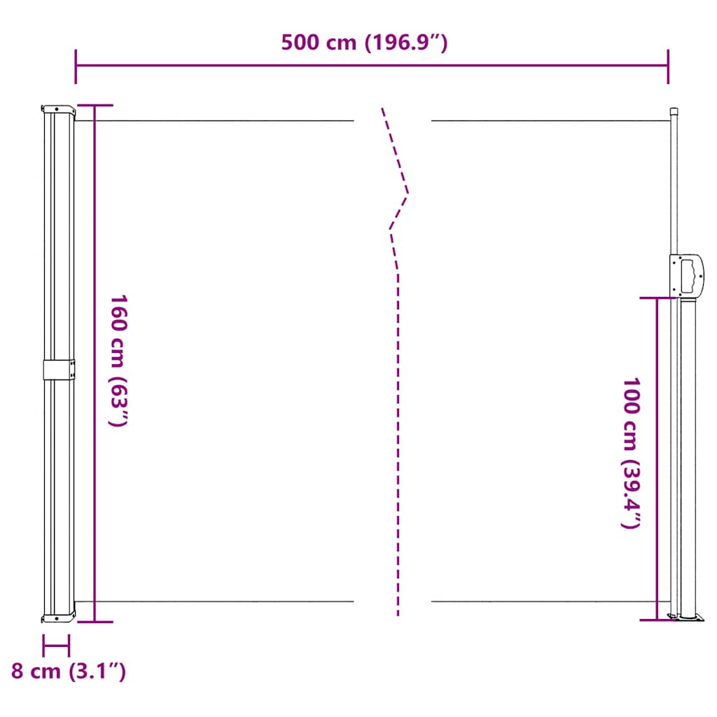 sidemarkise 160x500 cm sammenrullelig cremefarvet