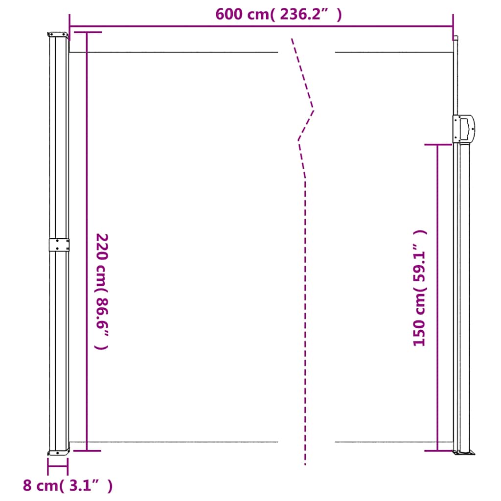 sammenrullelig sidemarkise 220x600 cm hvid