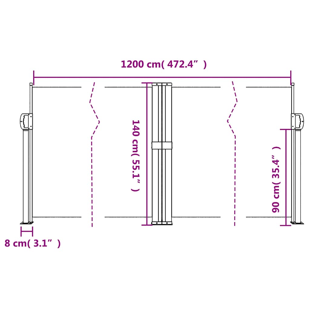 sidemarkise 140x1200 cm sammenrullelig sort