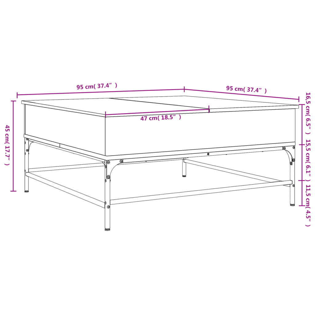 sofabord 95x95x45 cm konstrueret træ og metal grå sonoma-eg