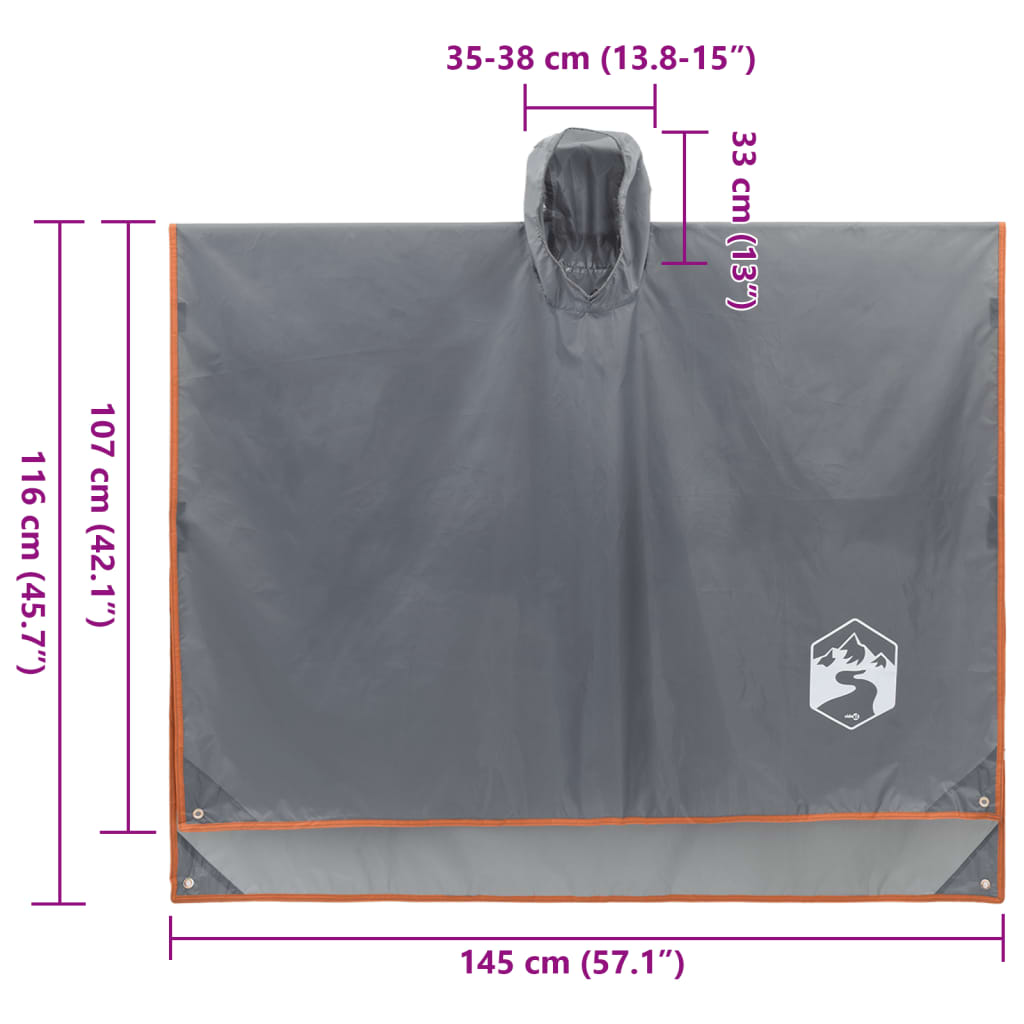 regnponcho med hætte 223x145 cm 2-i-1 design grå og orange
