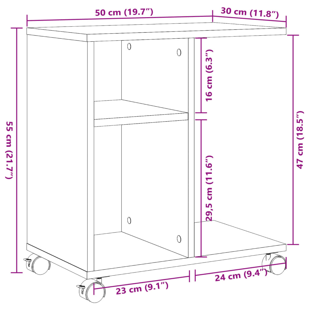 sidebord med hjul 50x30x55 cm konstrueret træ røget egetræ