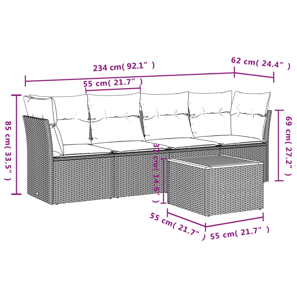 sofasæt til haven 5 dele med hynder polyrattan beige