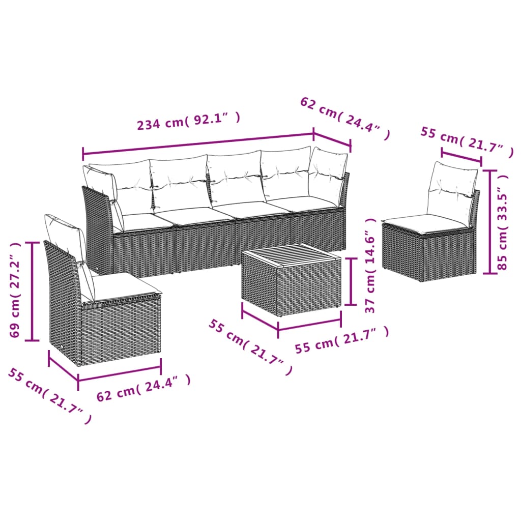 sofasæt til haven 7 dele med hynder polyrattan sort