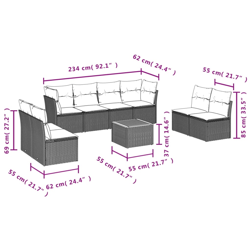 sofasæt til haven 9 dele med hynder polyrattan beige