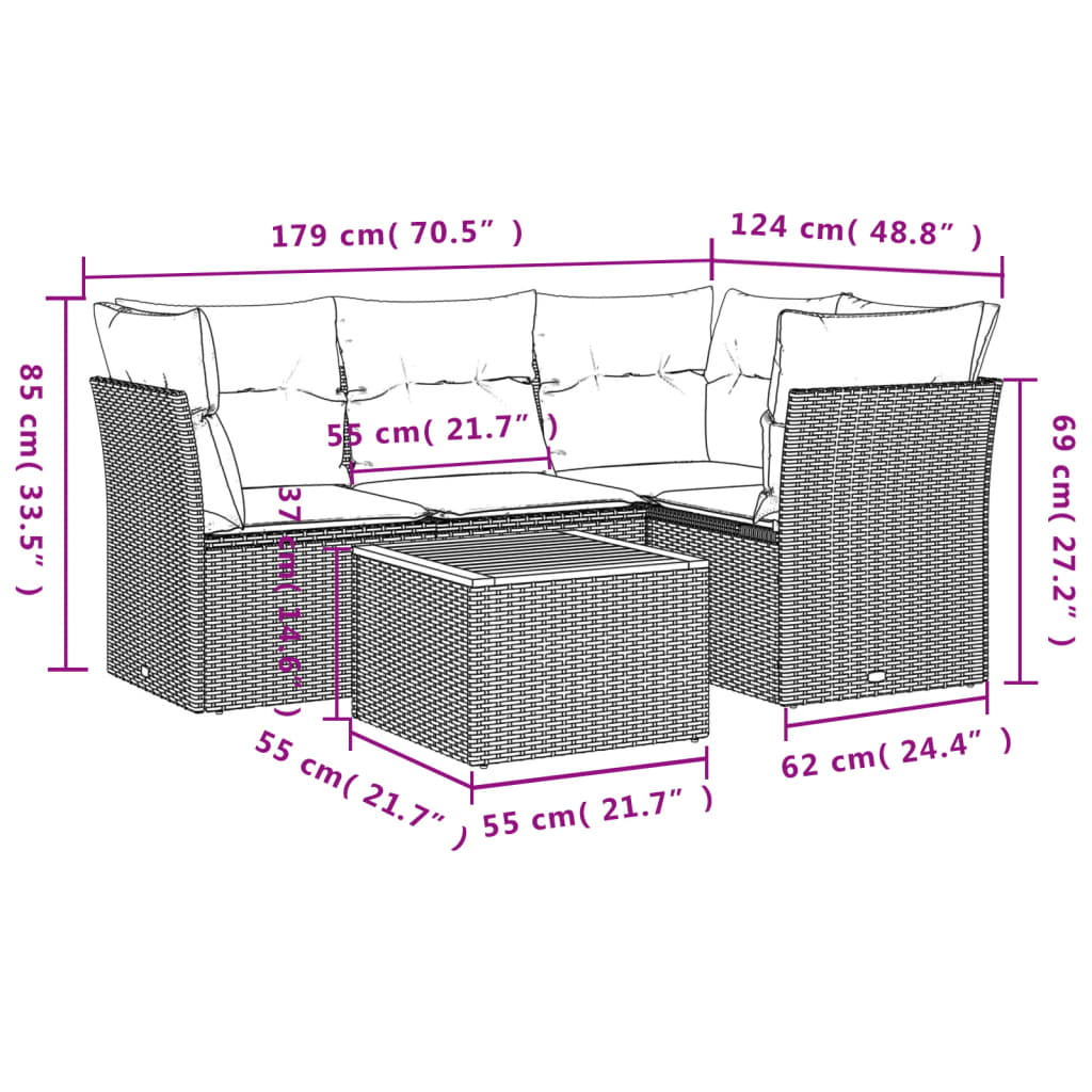 sofasæt til haven 5 dele med hynder polyrattan beige