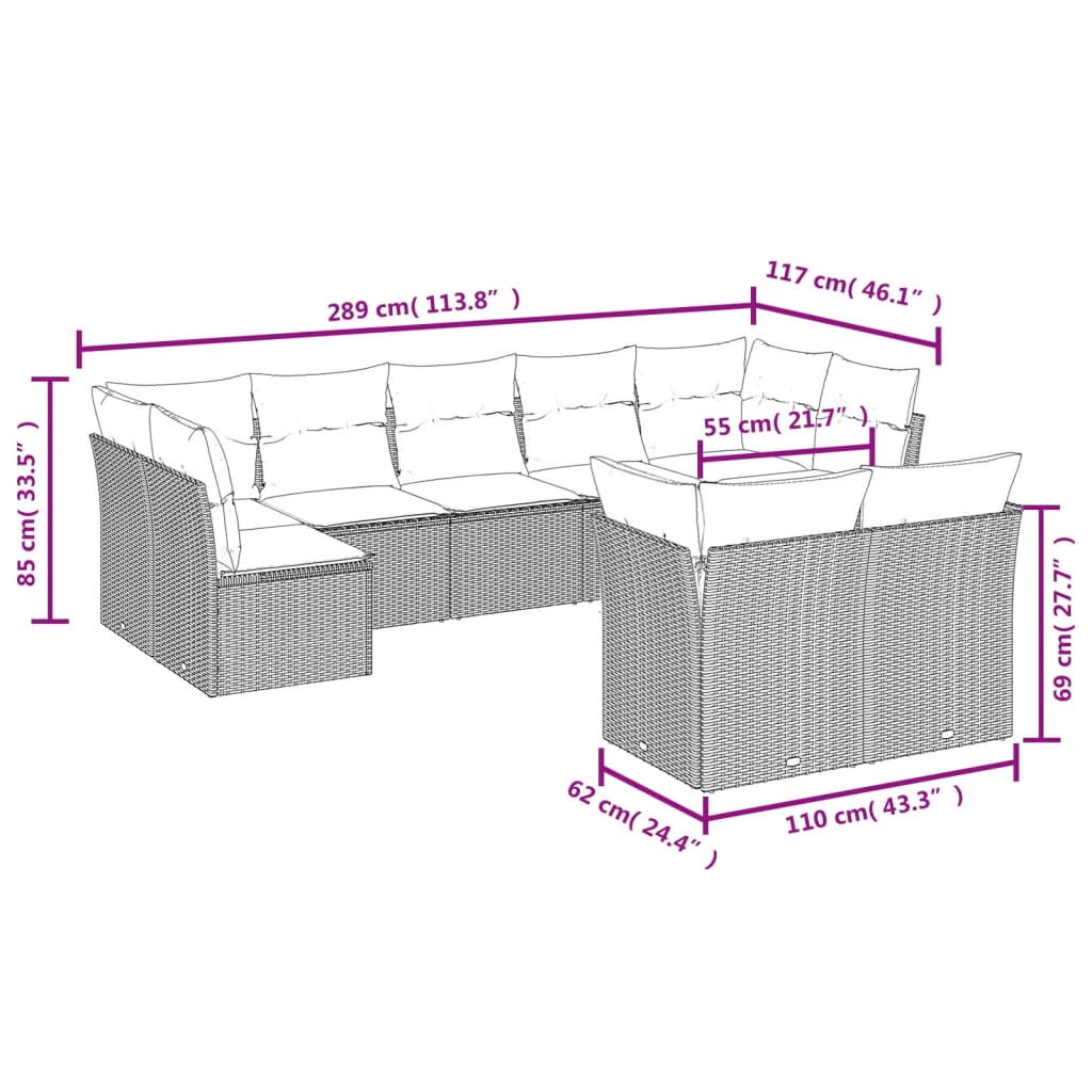 sofasæt til haven 9 dele med hynder polyrattan beige