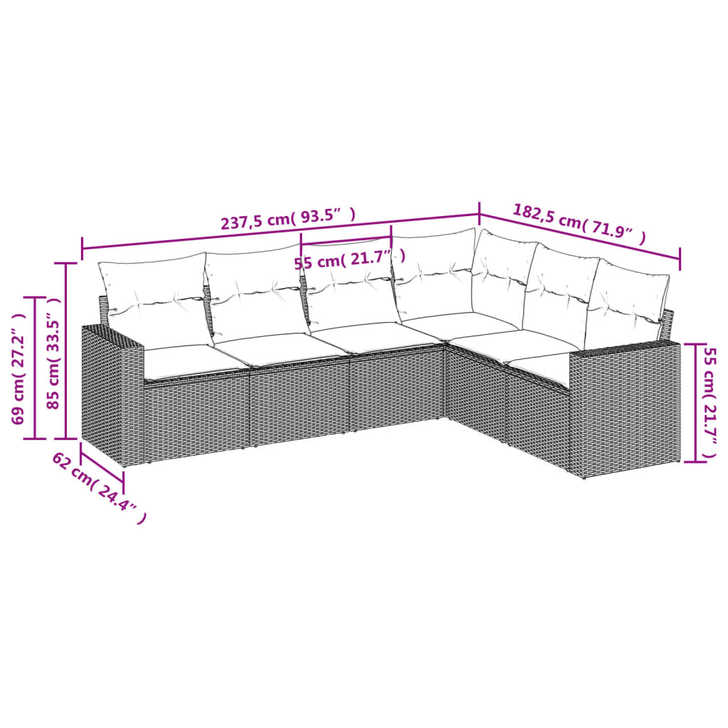 sofasæt til haven 6 dele med hynder polyrattan lysegrå