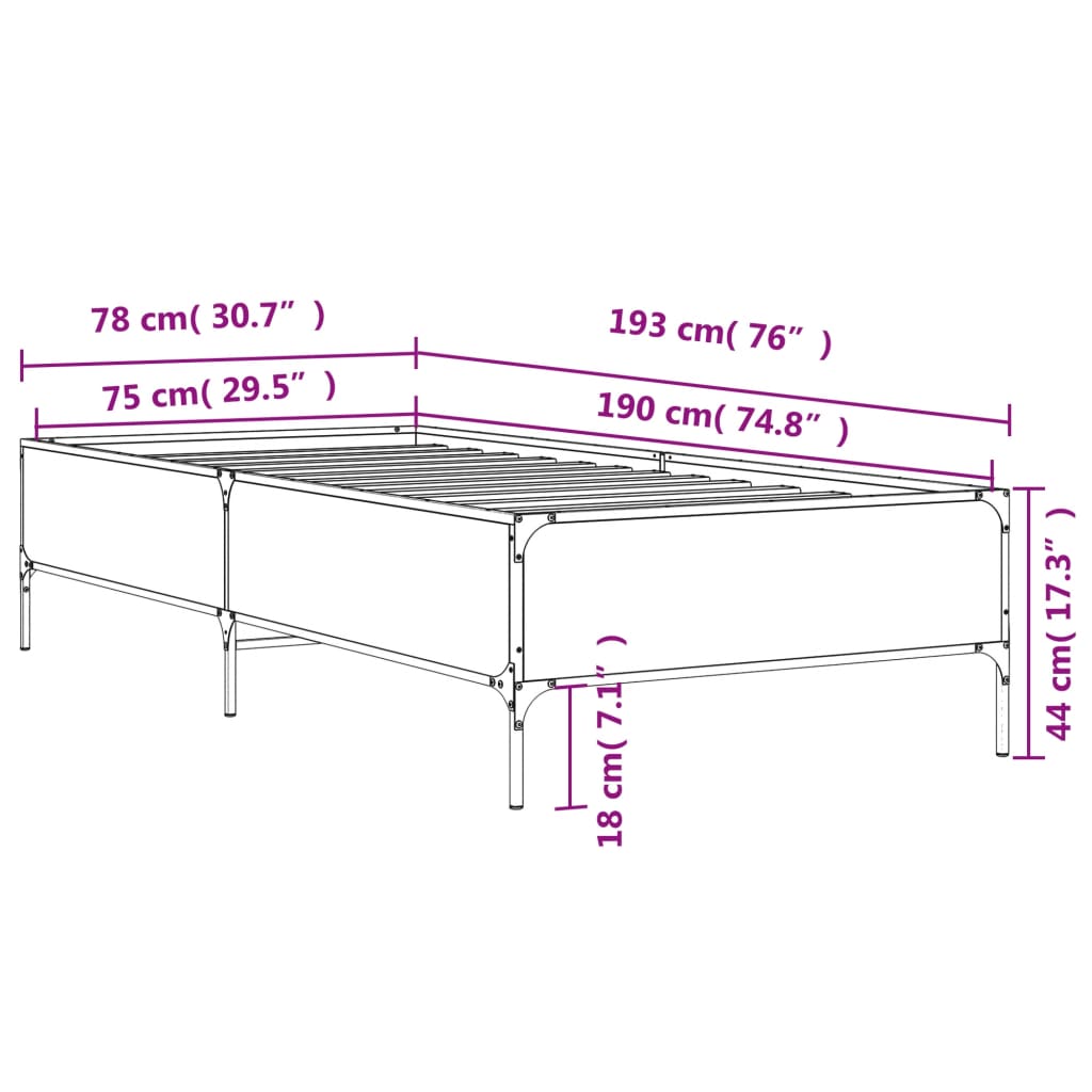 sengeramme 75x190 cm konstrueret træ og metal sonoma-eg