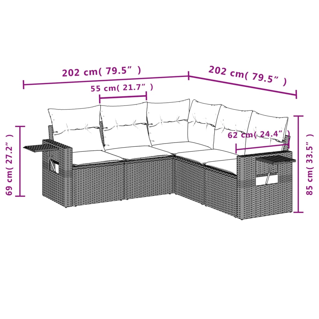 sofasæt til haven 5 dele med hynder polyrattan brun
