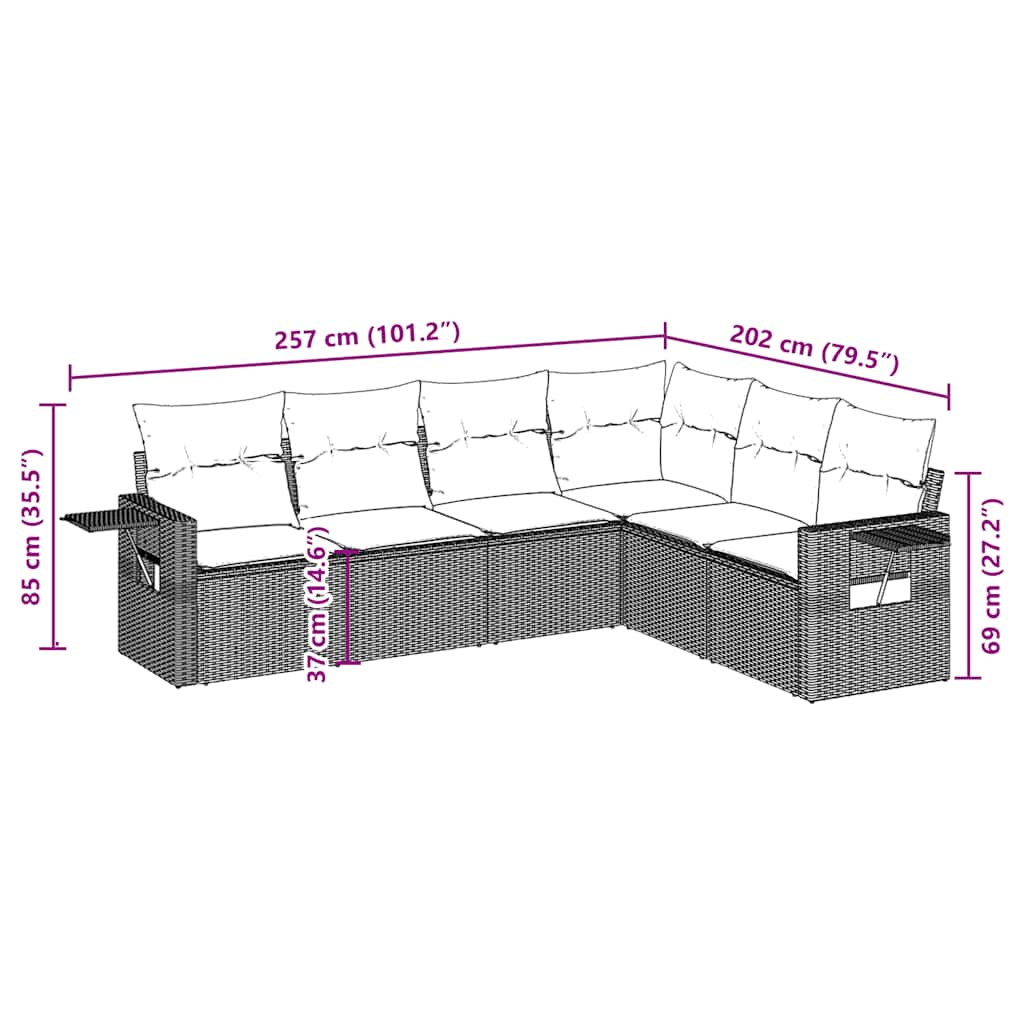 sofasæt til haven 6 dele med hynder polyrattan sort